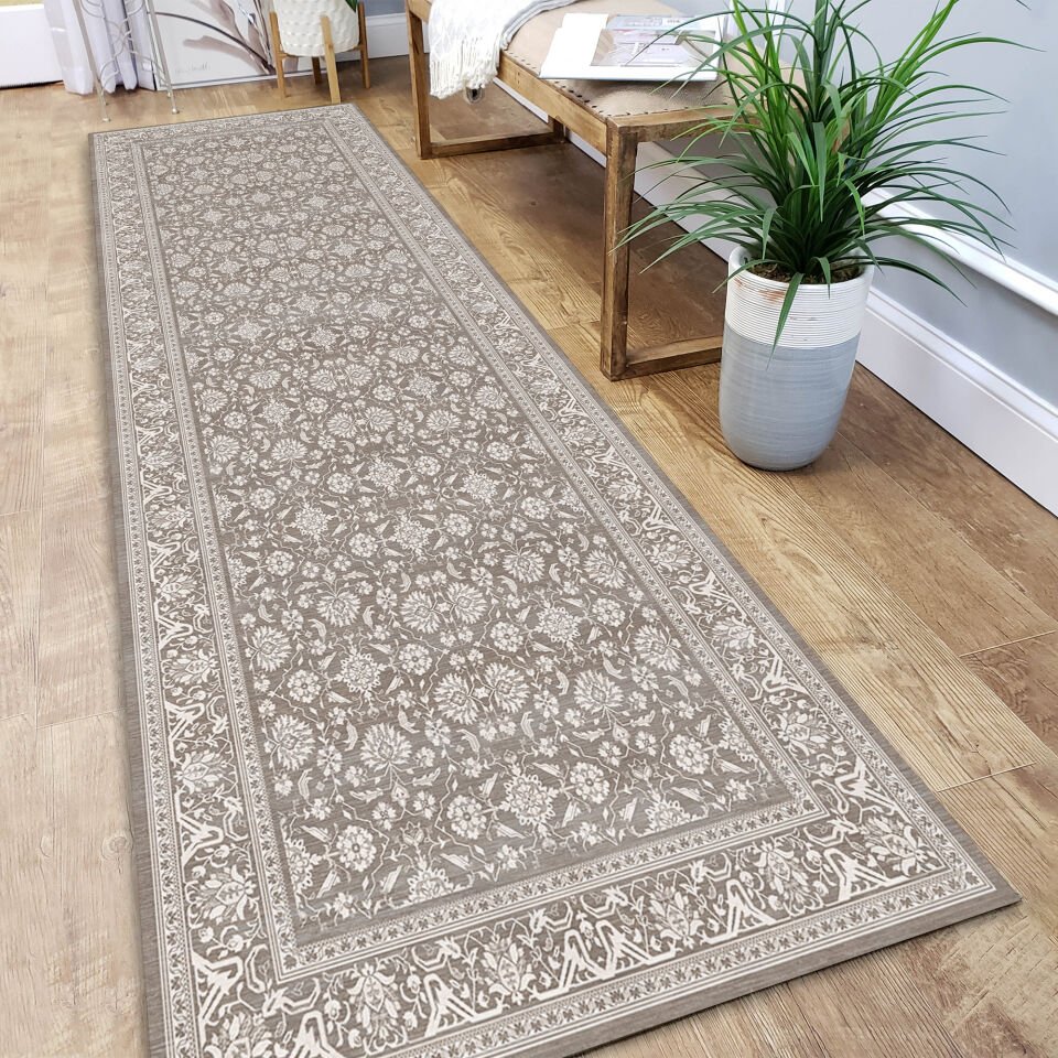 Beige Kitchen Runner Rug – Floral Hallway Carpet for Kitchen, Laundry Room