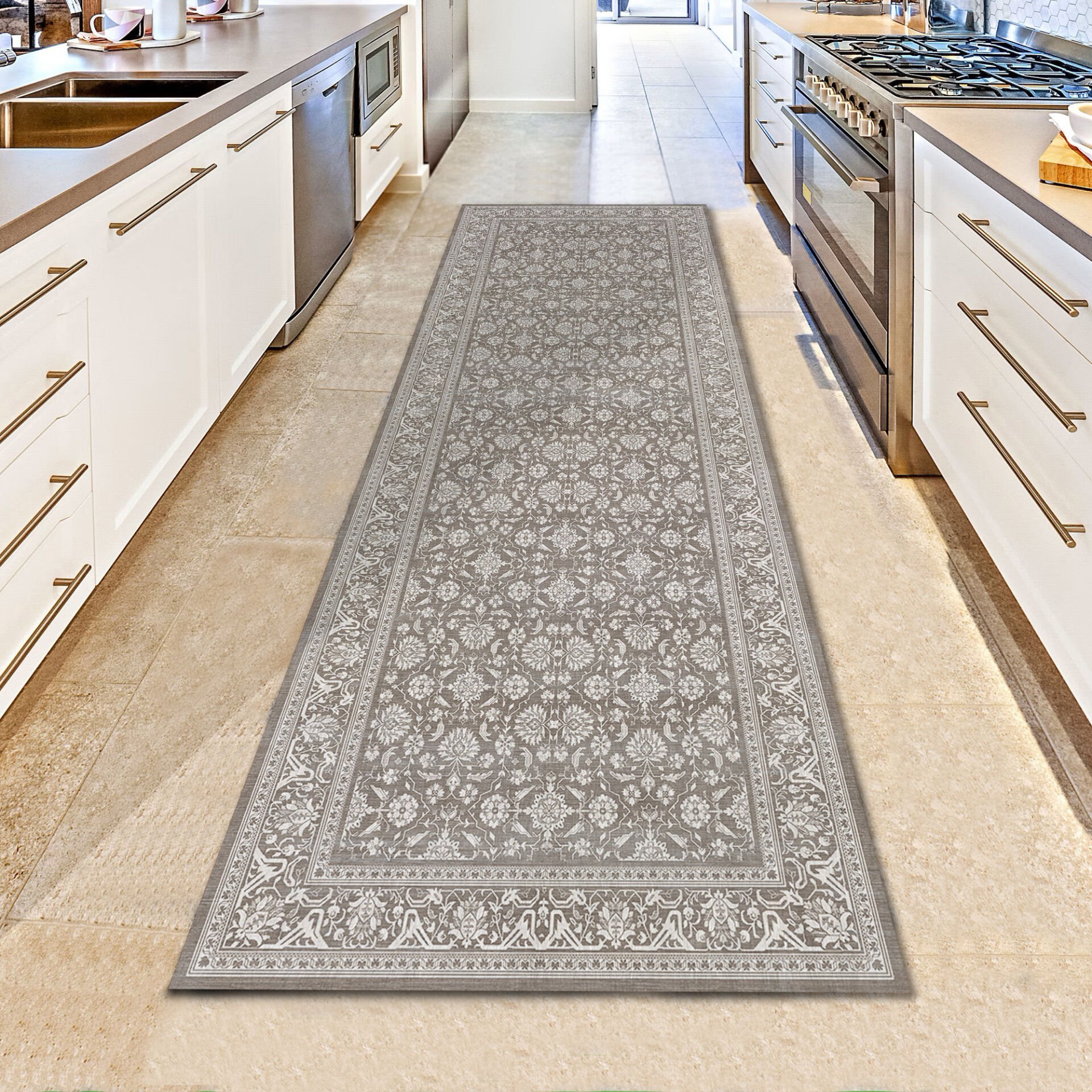 Beige Kitchen Runner Rug – Floral Hallway Carpet for Kitchen, Laundry Room