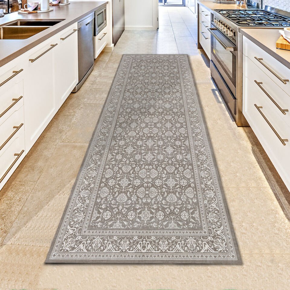 Beige Kitchen Runner Rug – Floral Hallway Carpet for Kitchen, Laundry Room