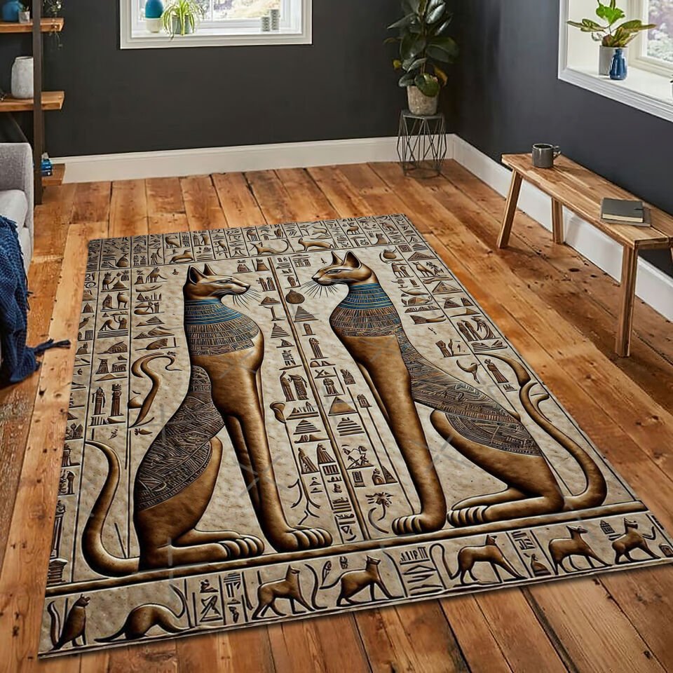 Egyptian Cat Rug Bastet Carpet Ancient Hieroglyph Boho Art Tapestry Floor Mat for Home Decor
