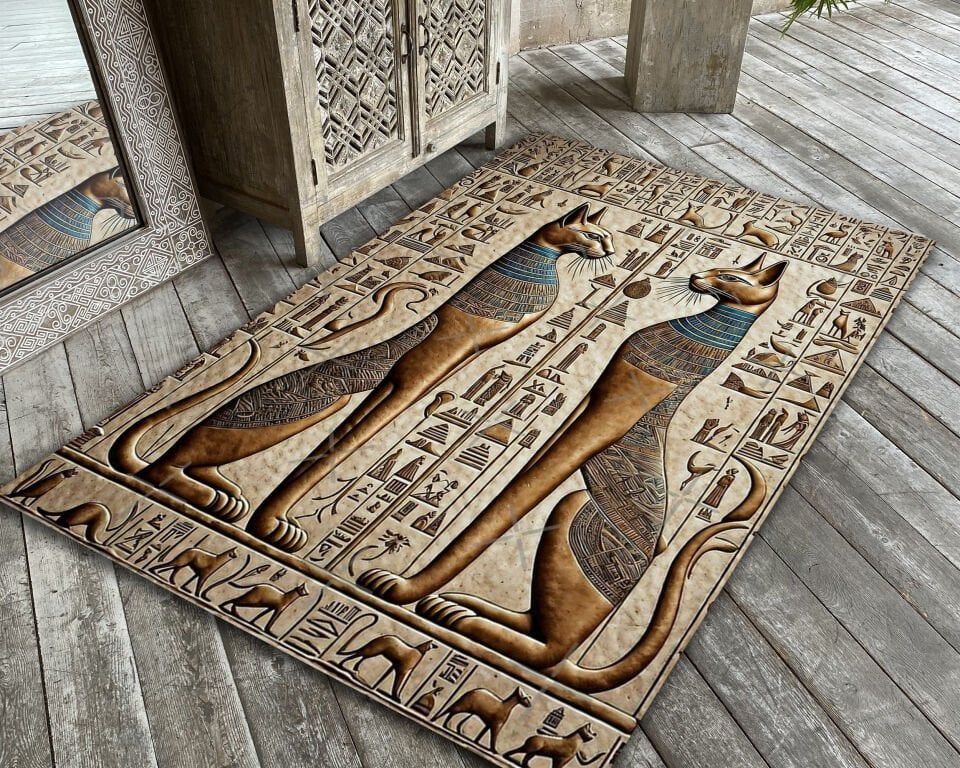 Egyptian Cat Rug Bastet Carpet Ancient Hieroglyph Boho Art Tapestry Floor Mat for Home Decor