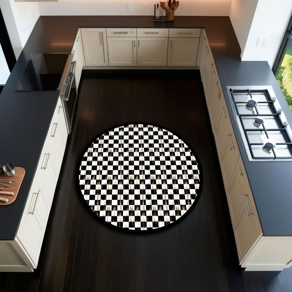 Elegant Black and White Checkerboard Kitchen Rug with Gold Trim – Durable and Stylish Floor Carpet