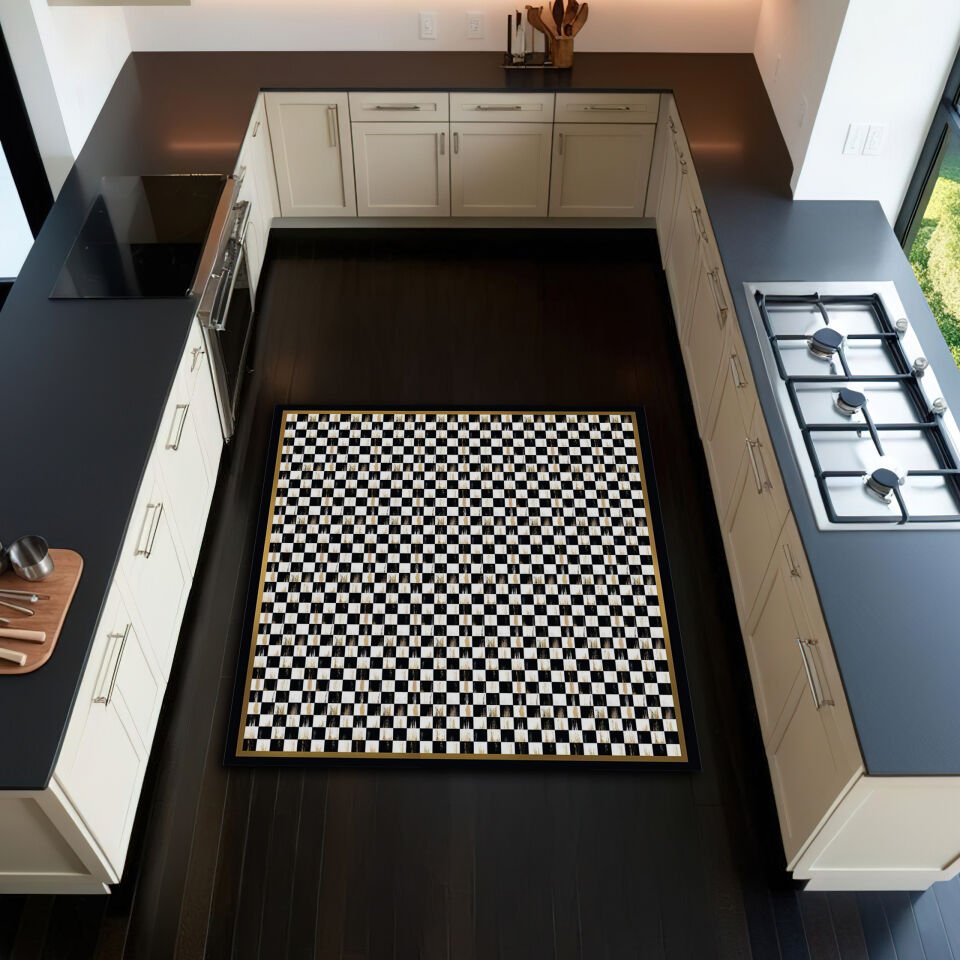 Elegant Black and White Checkerboard Kitchen Rug with Gold Trim – Durable and Stylish Floor Carpet