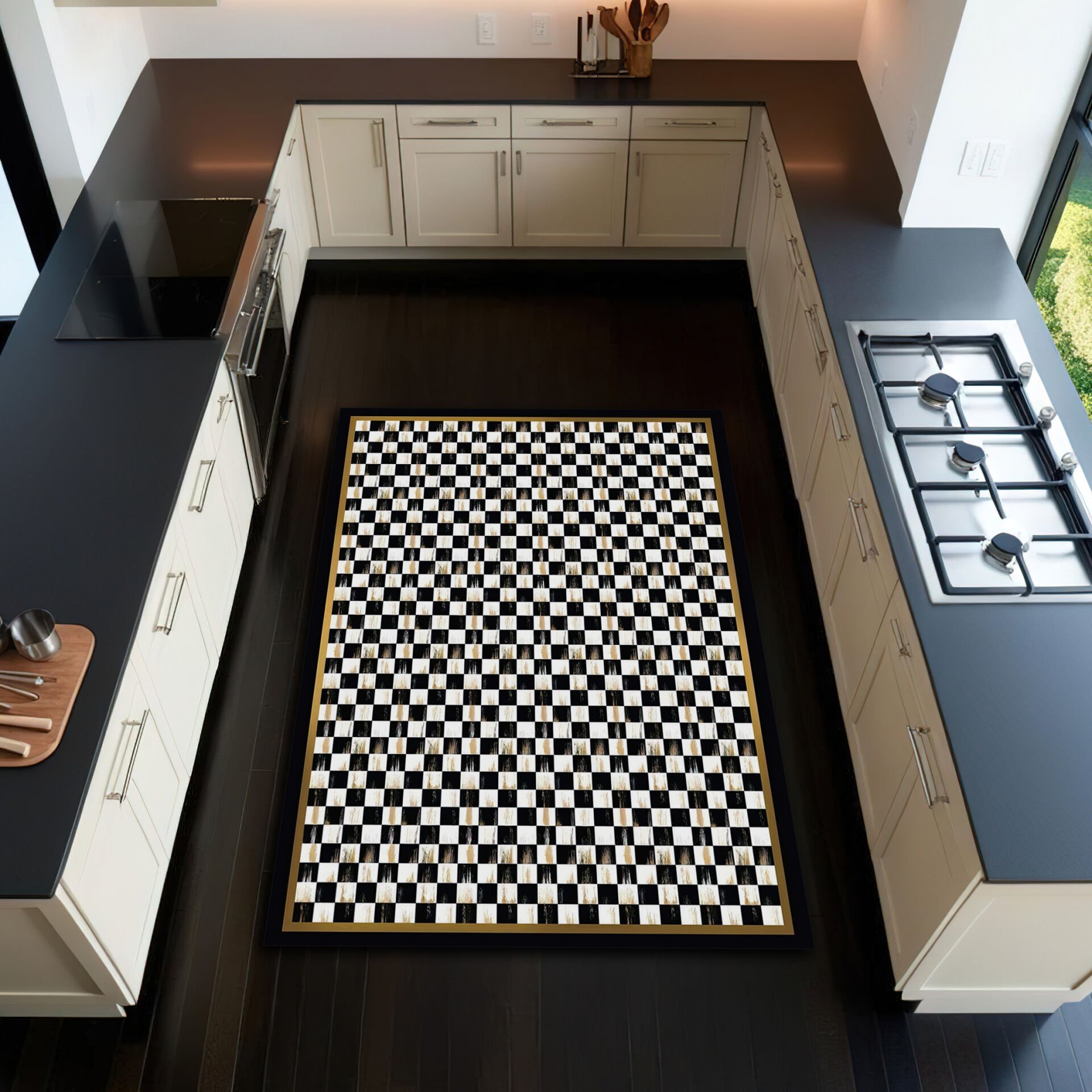 Elegant Black and White Checkerboard Kitchen Rug with Gold Trim – Durable and Stylish Floor Carpet