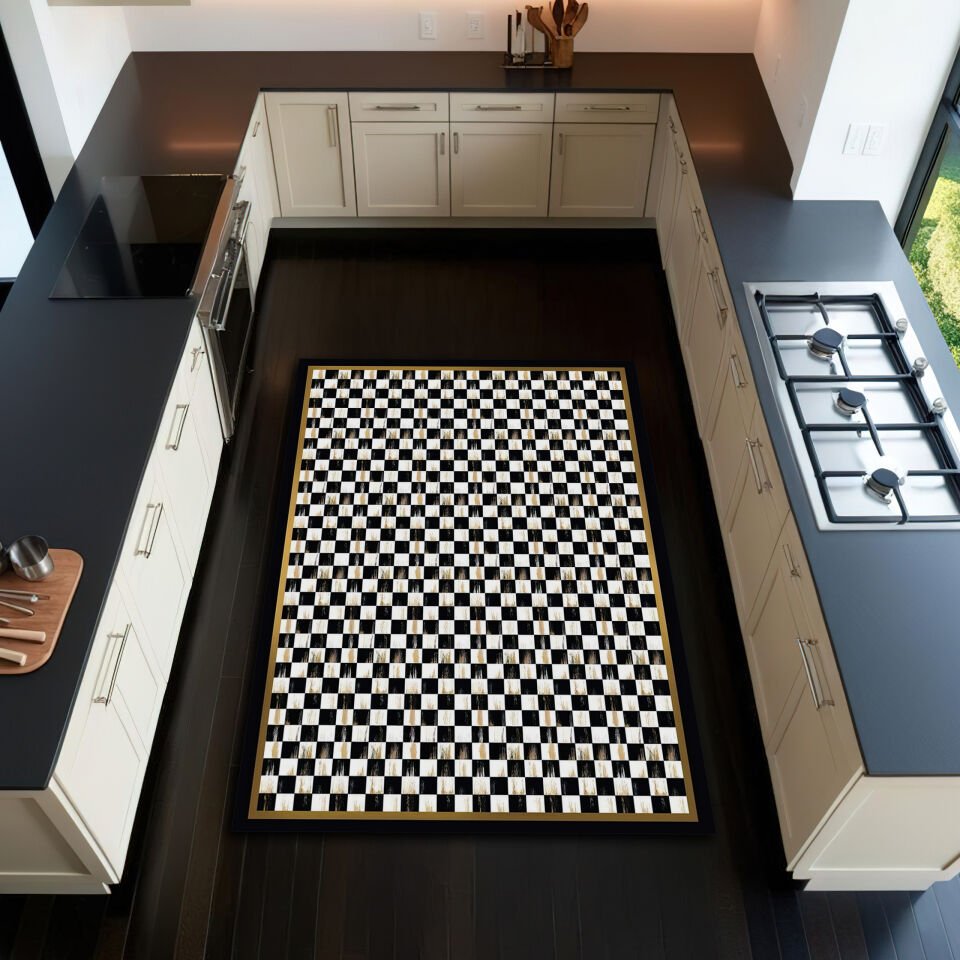 Elegant Black and White Checkerboard Kitchen Rug with Gold Trim – Durable and Stylish Floor Carpet