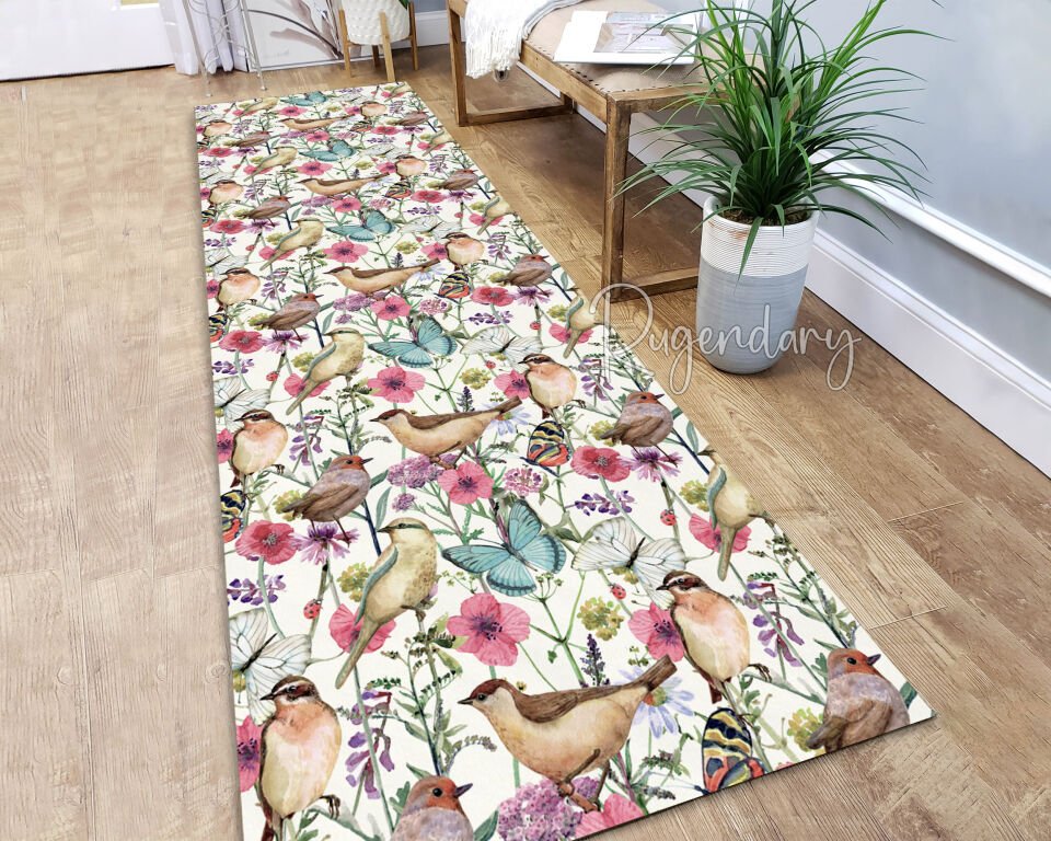 Bird & Floral Runner Rug – Nature-Inspired Non-Slip Washable Long Carpet with Butterfly Design