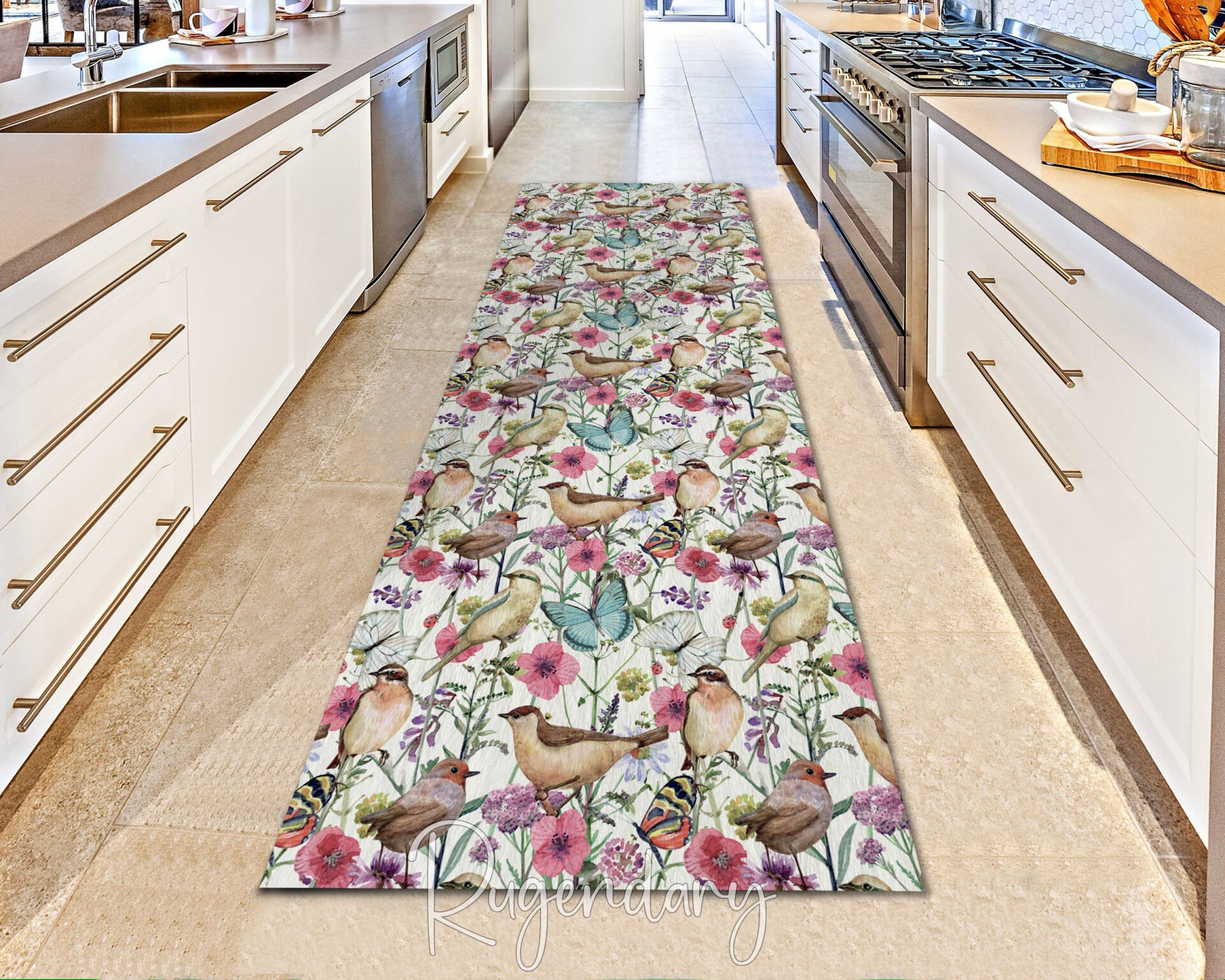 Bird & Floral Runner Rug – Nature-Inspired Non-Slip Washable Long Carpet with Butterfly Design