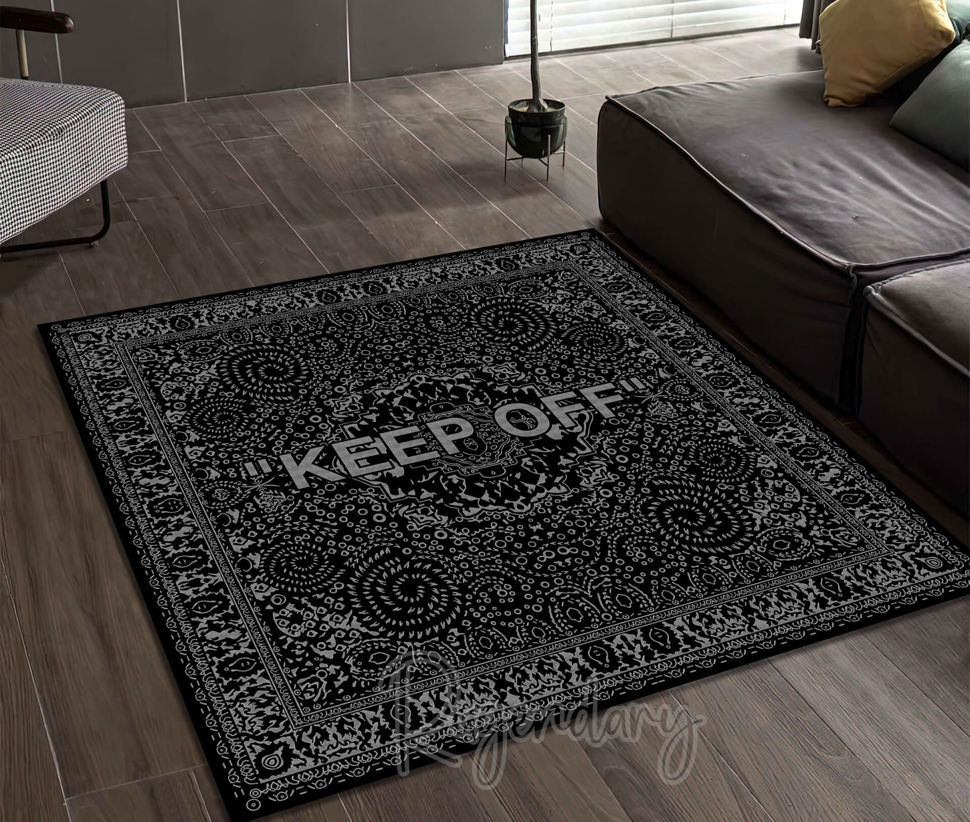 Black Square Rug with Grey Lettering – Sophisticated Minimalist Style