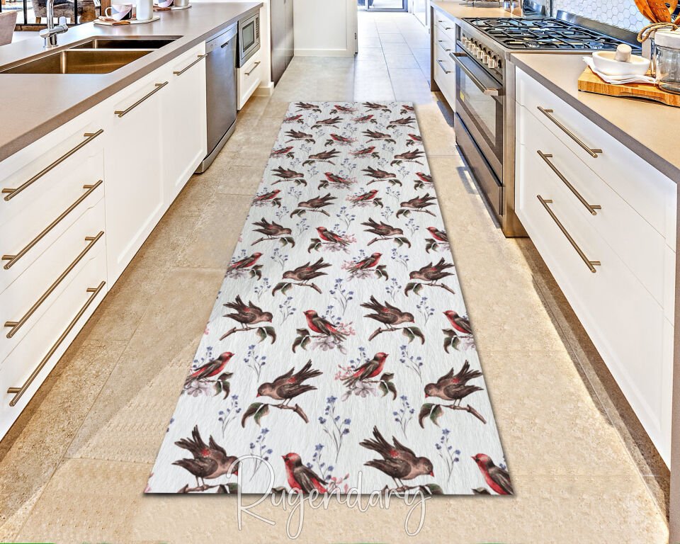 Kitchen Rug with Brown Bird Motifs – Elegant Nature-Inspired Carpet for Hallways