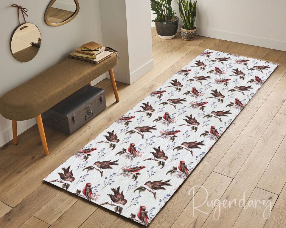 Kitchen Rug with Brown Bird Motifs – Elegant Nature-Inspired Carpet for Hallways