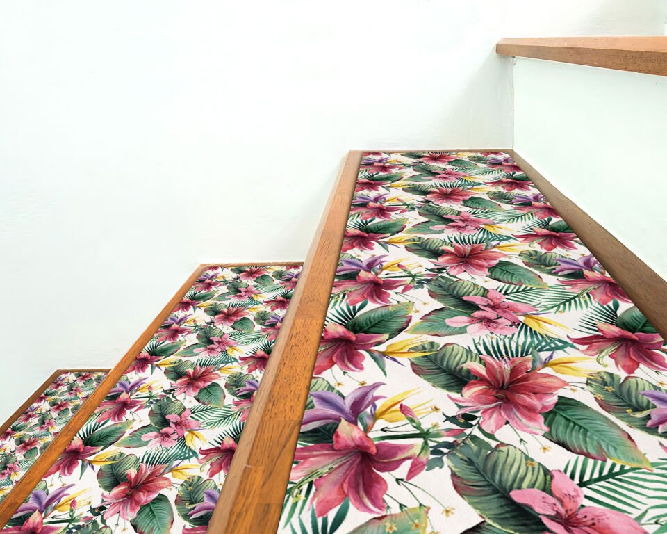 Tropical Floral Stair Treads – Vibrant Hibiscus & Green Leaves Design Mats