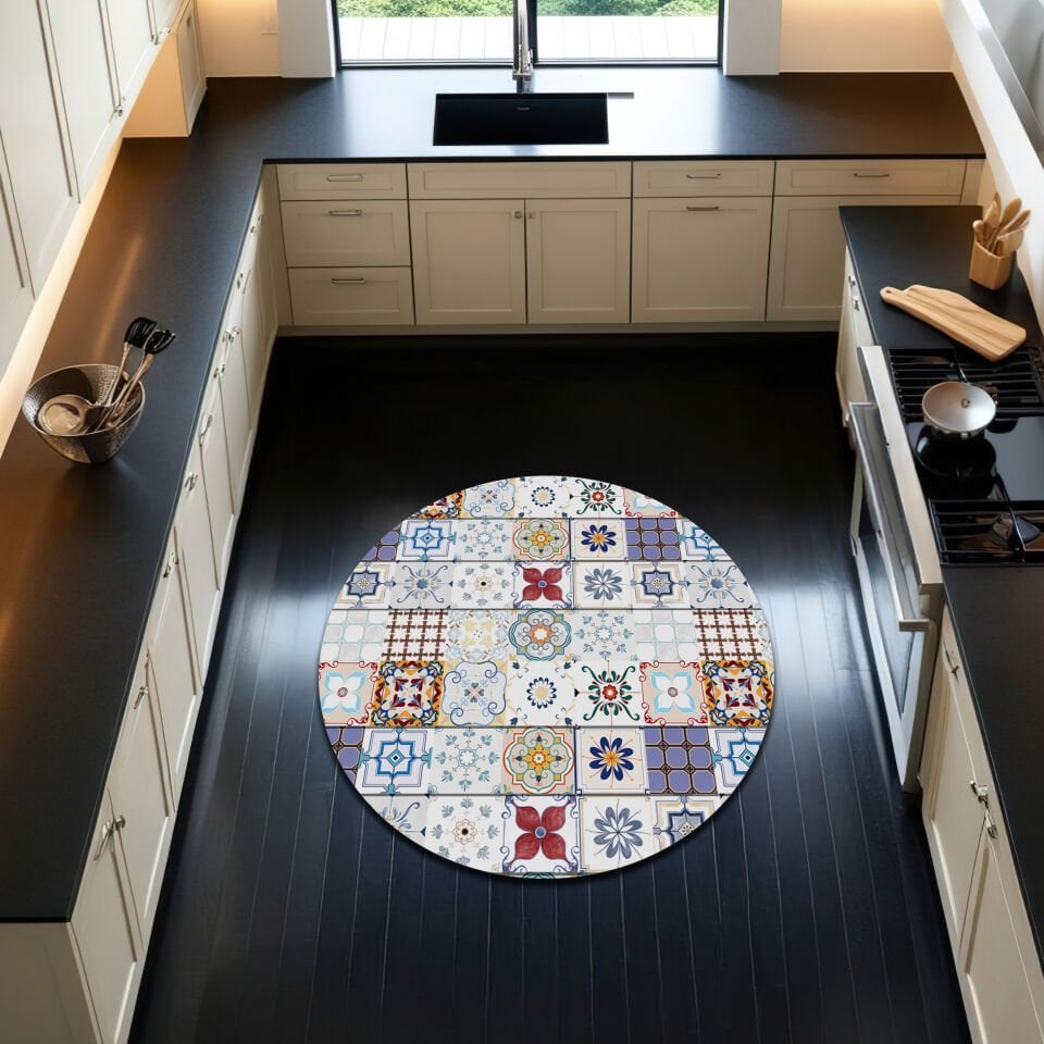 Colorful Vintage Tile Pattern Kitchen Rug – Mediterranean Style