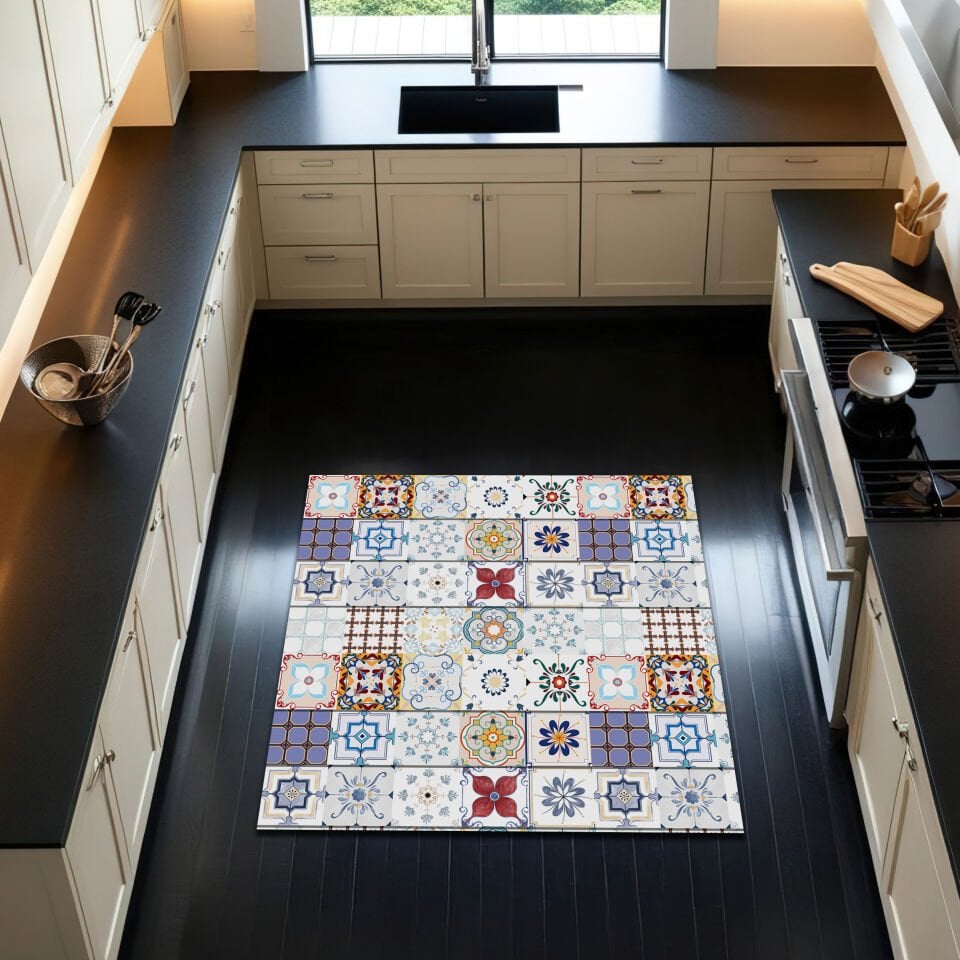 Colorful Vintage Tile Pattern Kitchen Rug – Mediterranean Style