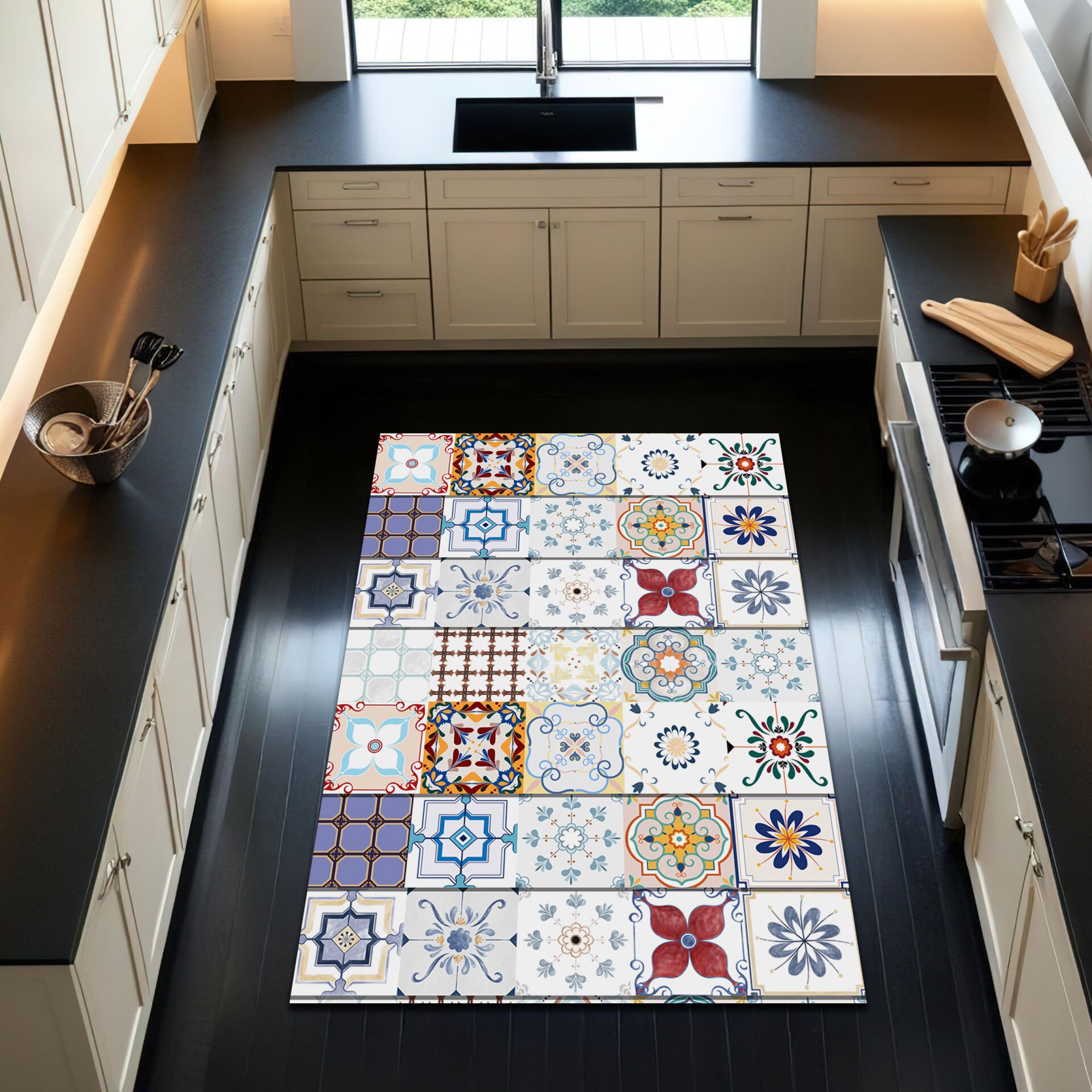 Colorful Vintage Tile Pattern Kitchen Rug – Mediterranean Style