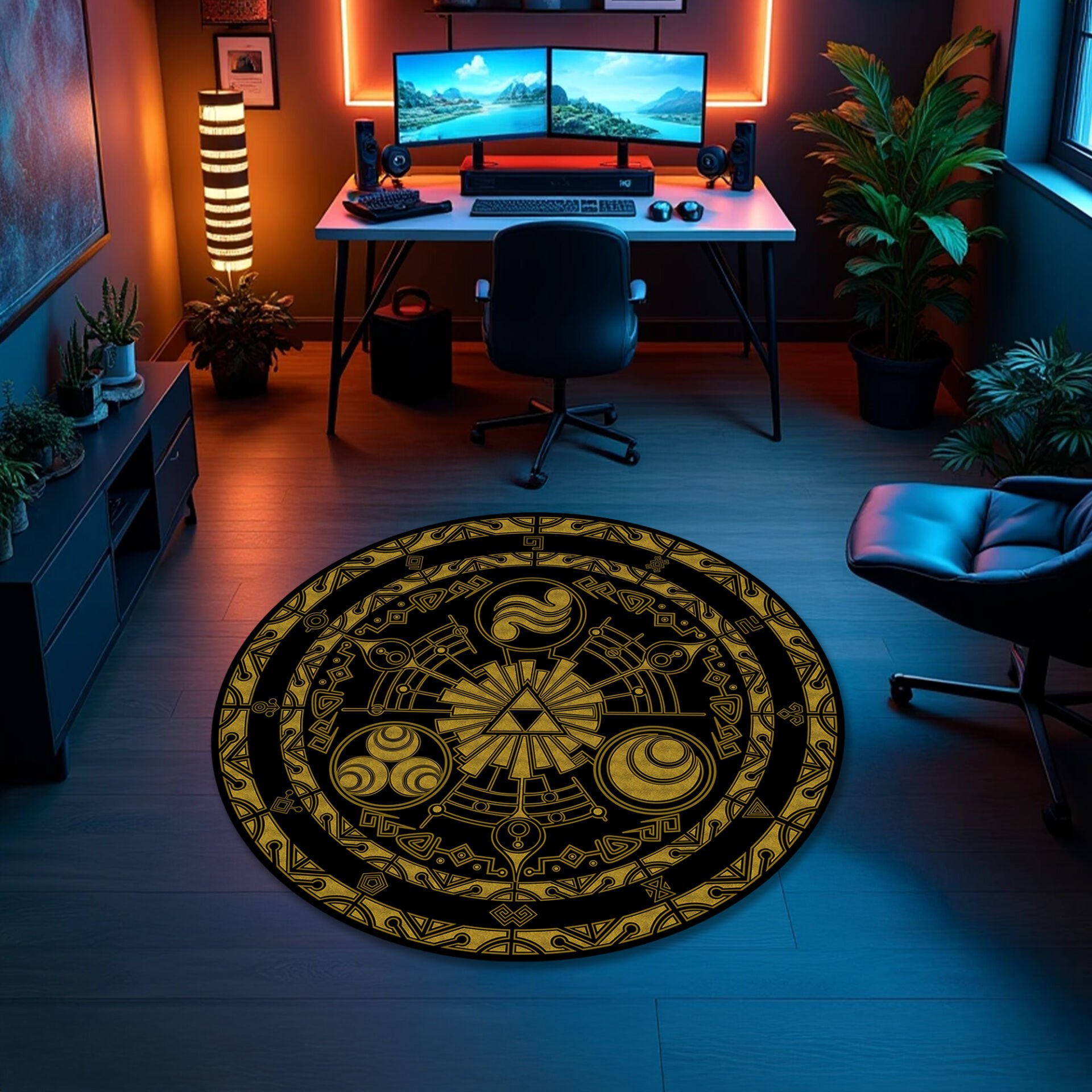 Golden Triforce Circle Rug – Hyrule-Inspired Geometric Design