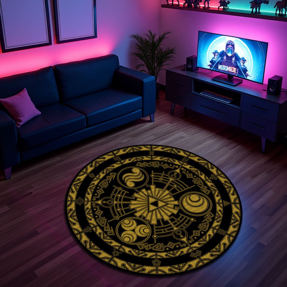 Golden Triforce Circle Rug – Hyrule-Inspired Geometric Design