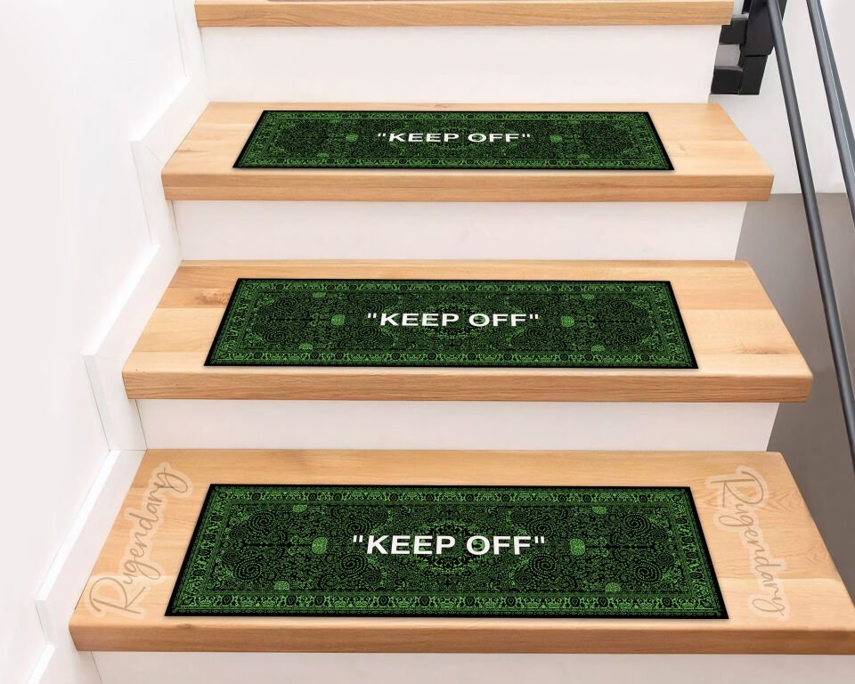 Modern Black & Green Stair Mat with “KEEP OFF” Quote – Stylish Non-Slip Step Rug
