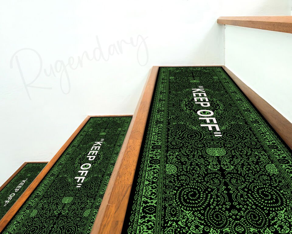 Modern Black & Green Stair Mat with “KEEP OFF” Quote – Stylish Non-Slip Step Rug