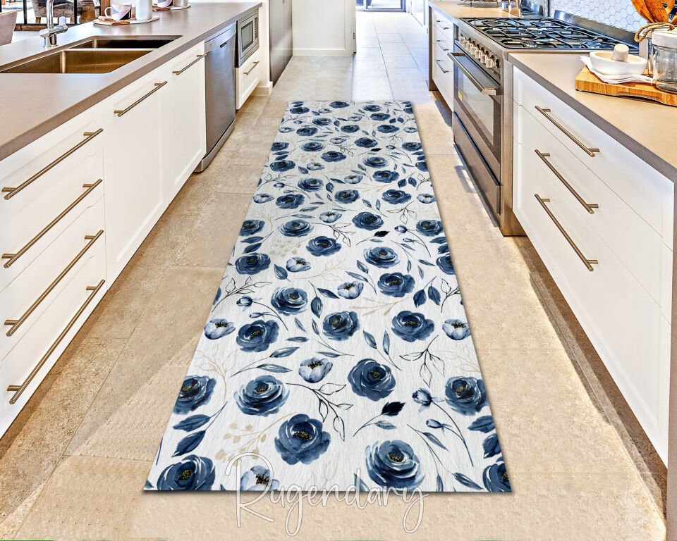 Blue Rose Pattern Runner Rug – Elegant Floral Carpet for Hallway & Entryway