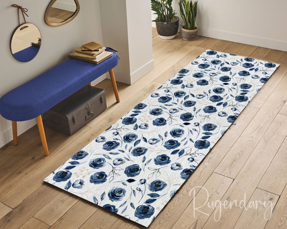 Blue Rose Pattern Runner Rug – Elegant Floral Carpet for Hallway & Entryway