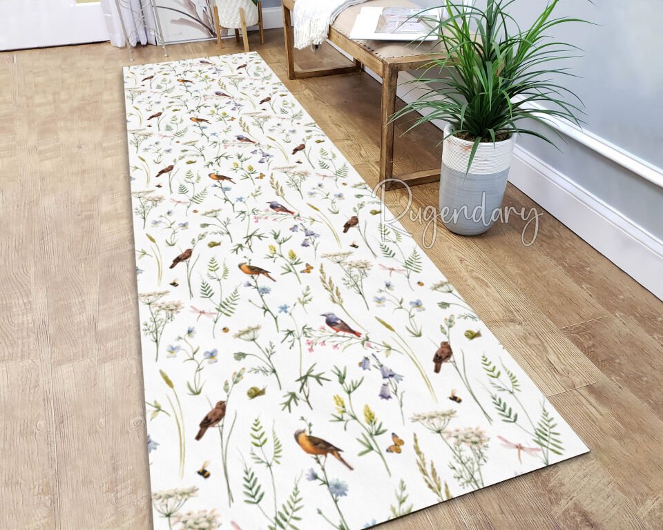 Bird & Wildflower Runner Rug – Nature-Inspired Kitchen & Hallway Carpet