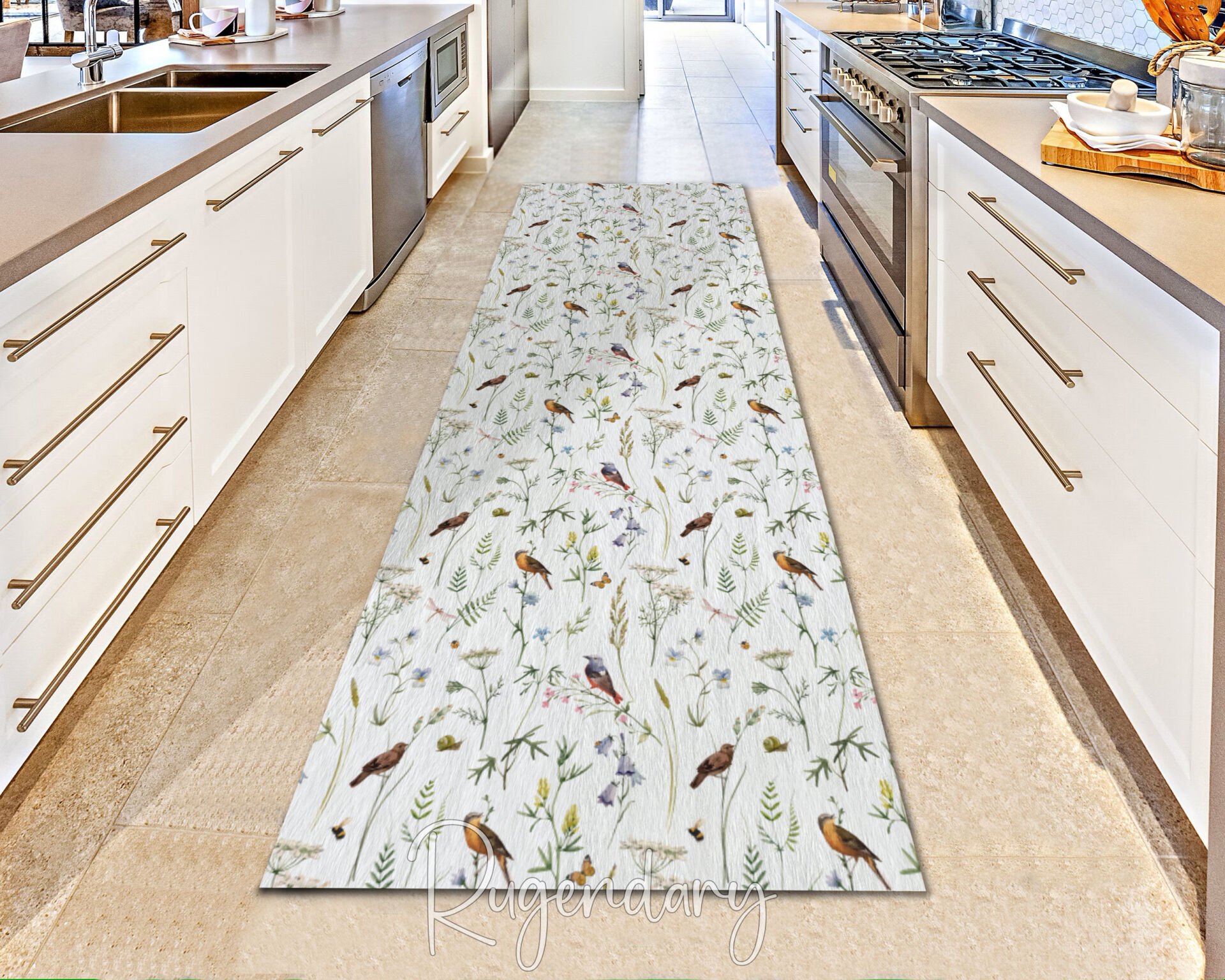 Bird & Wildflower Runner Rug – Nature-Inspired Kitchen & Hallway Carpet
