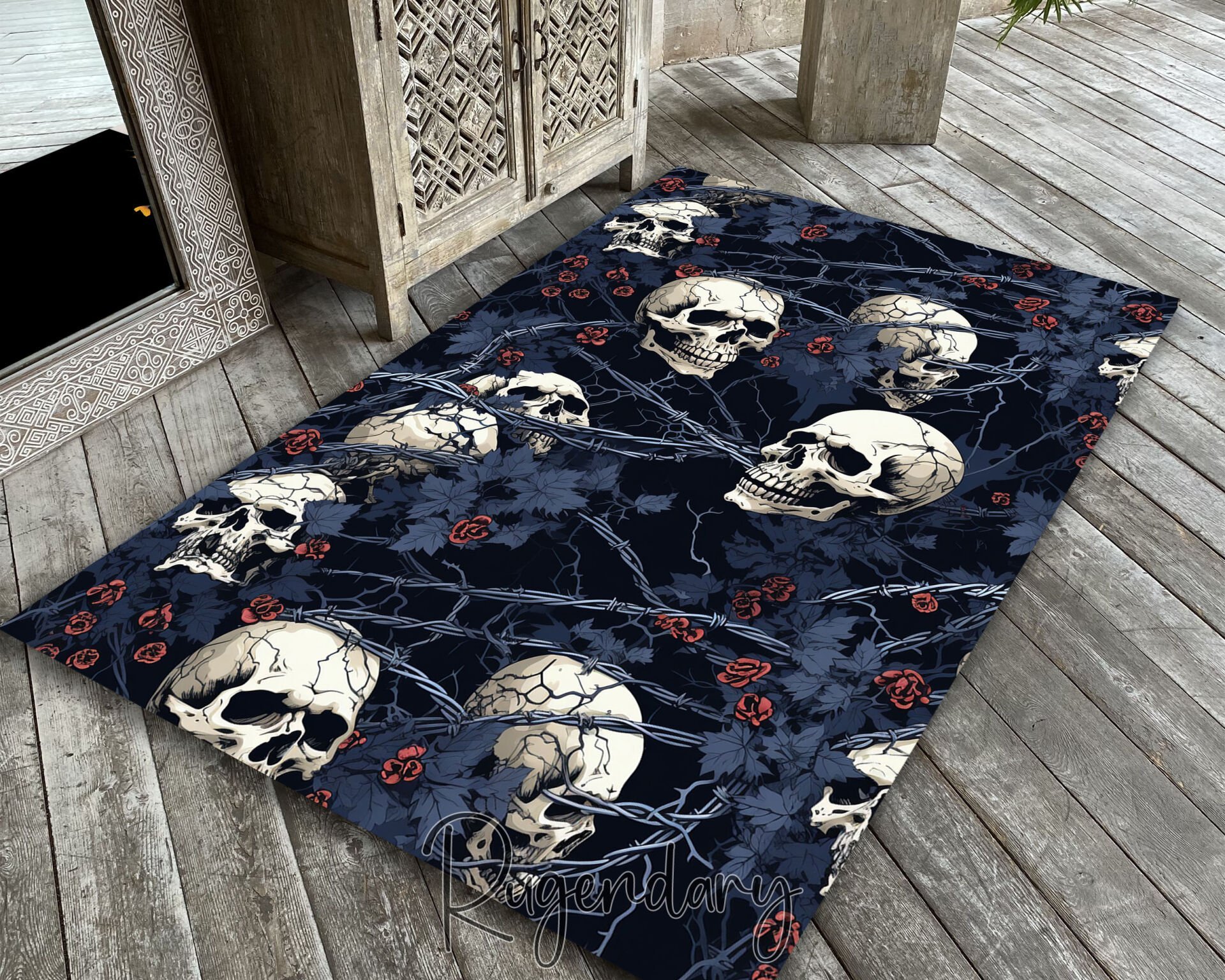 Gothic Skull & Rose Rug – Dark Aesthetic Carpet with Skulls, Red Roses & Vines