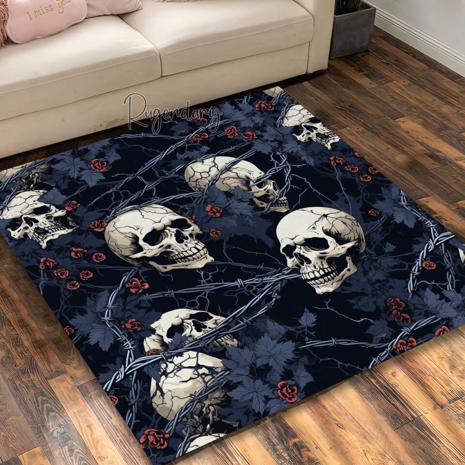 Gothic Skull & Rose Rug – Dark Aesthetic Carpet with Skulls, Red Roses & Vines