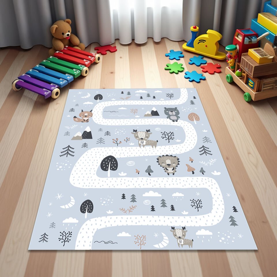 Soft Winter Animal Path Play Rug for Kids' Nursery and Playroom