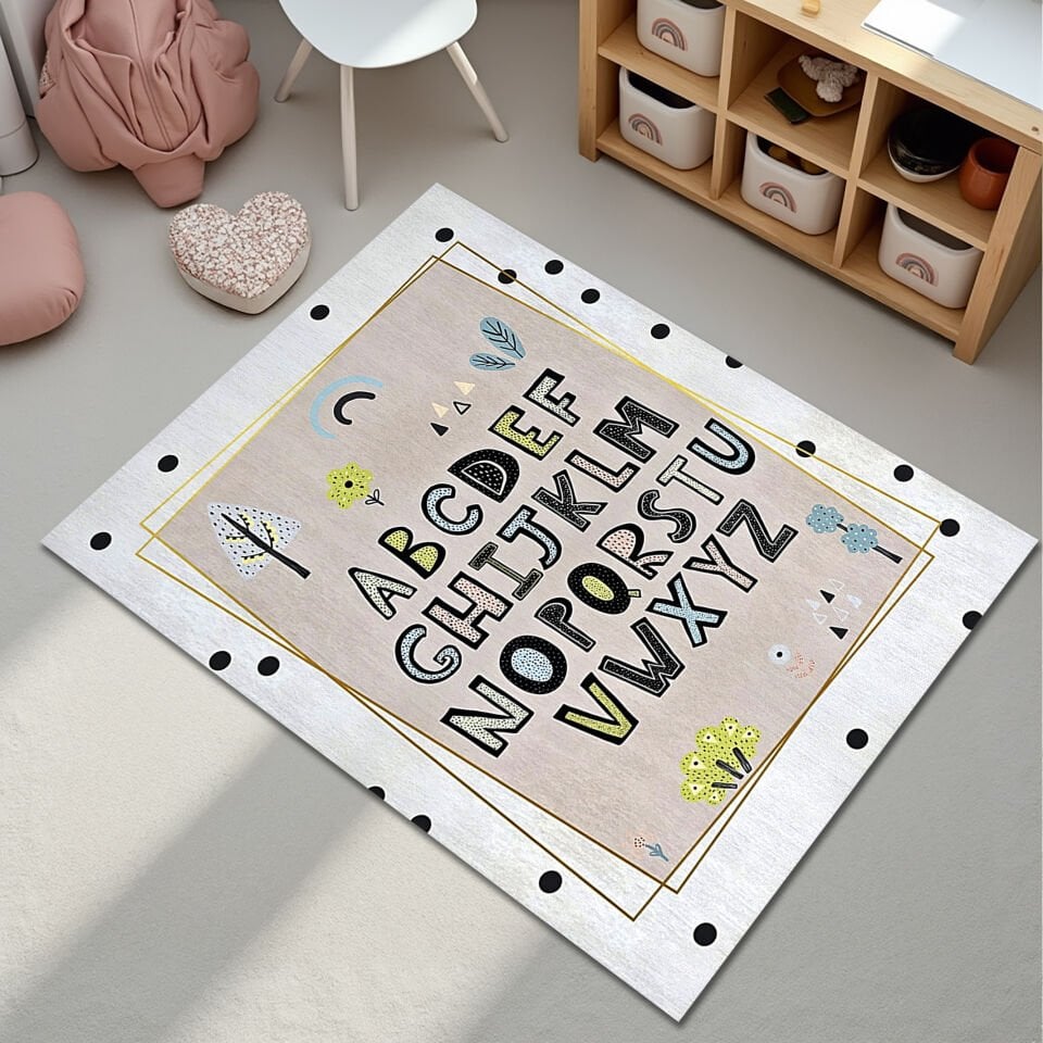 Minimalist Alphabet Rug for Kids – Soft Educational Playroom Carpet