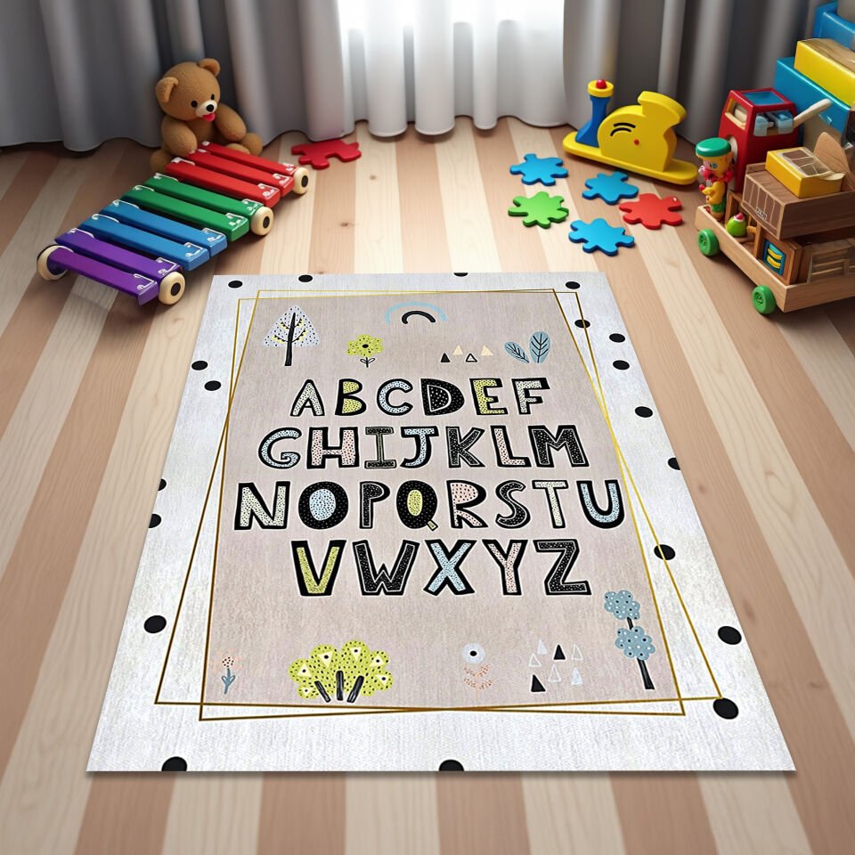 Minimalist Alphabet Rug for Kids – Soft Educational Playroom Carpet