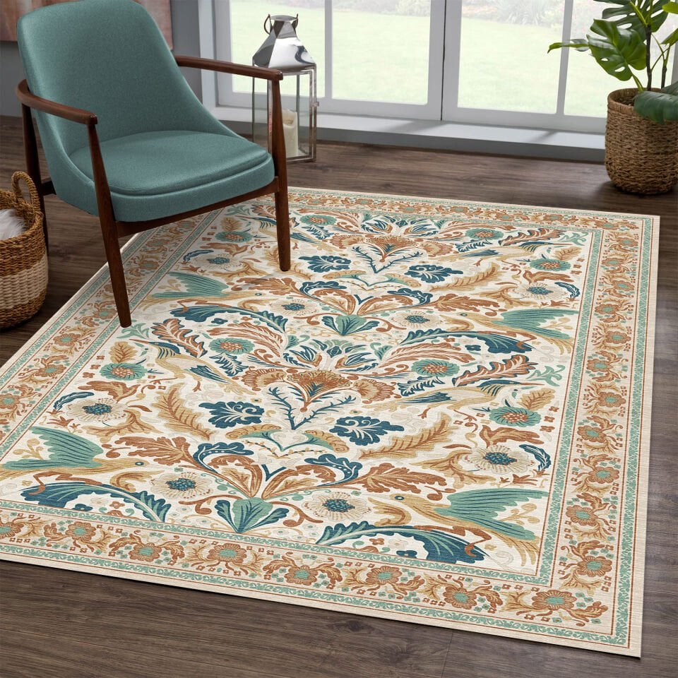 Cream Green Oriental Rug Classic Floral Leaf Pattern Decorative Carpet