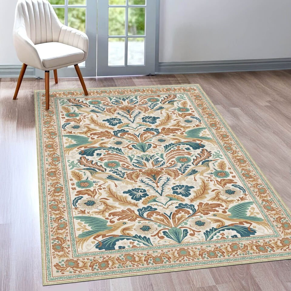 Cream Green Oriental Rug Classic Floral Leaf Pattern Decorative Carpet