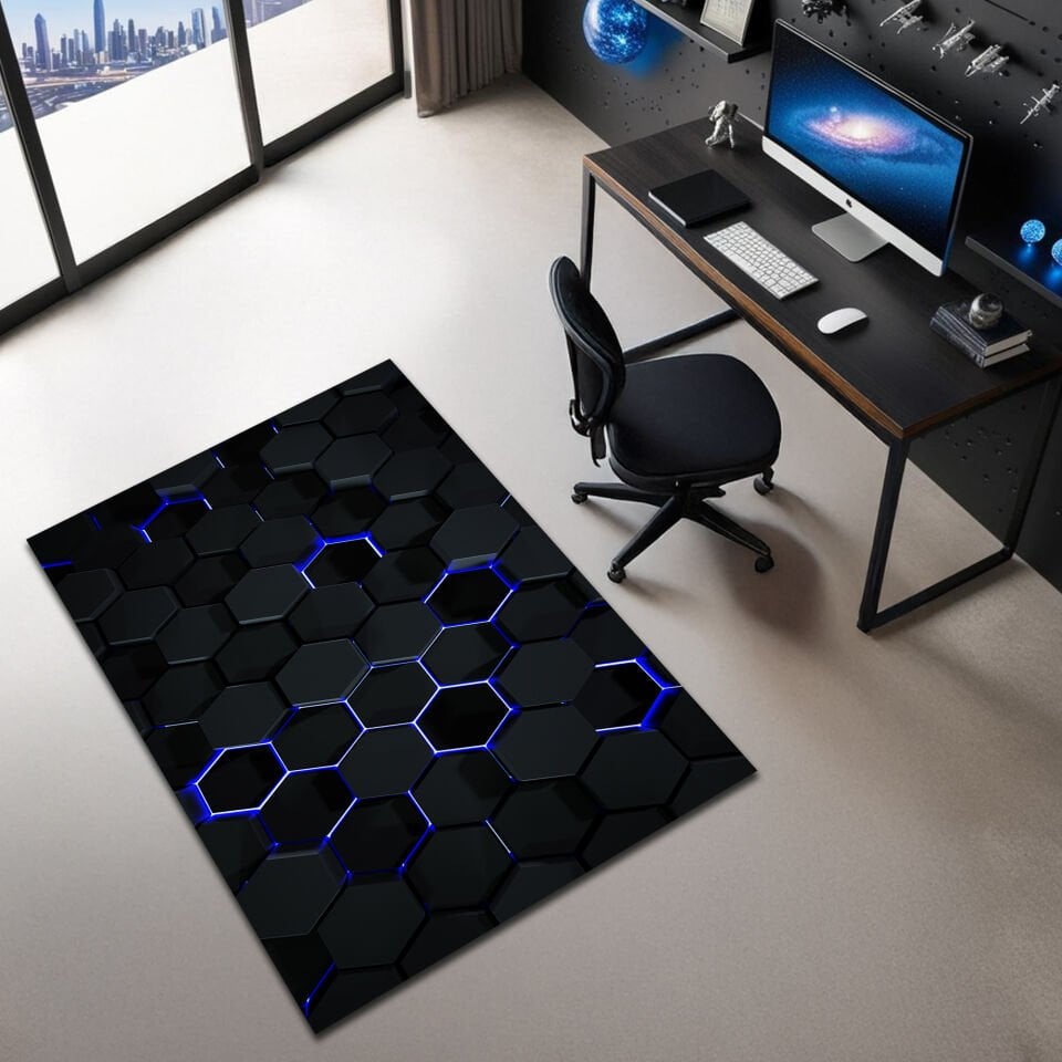 Futuristic Hexagon Tech Rug – Black with Blue LED Glow Effect