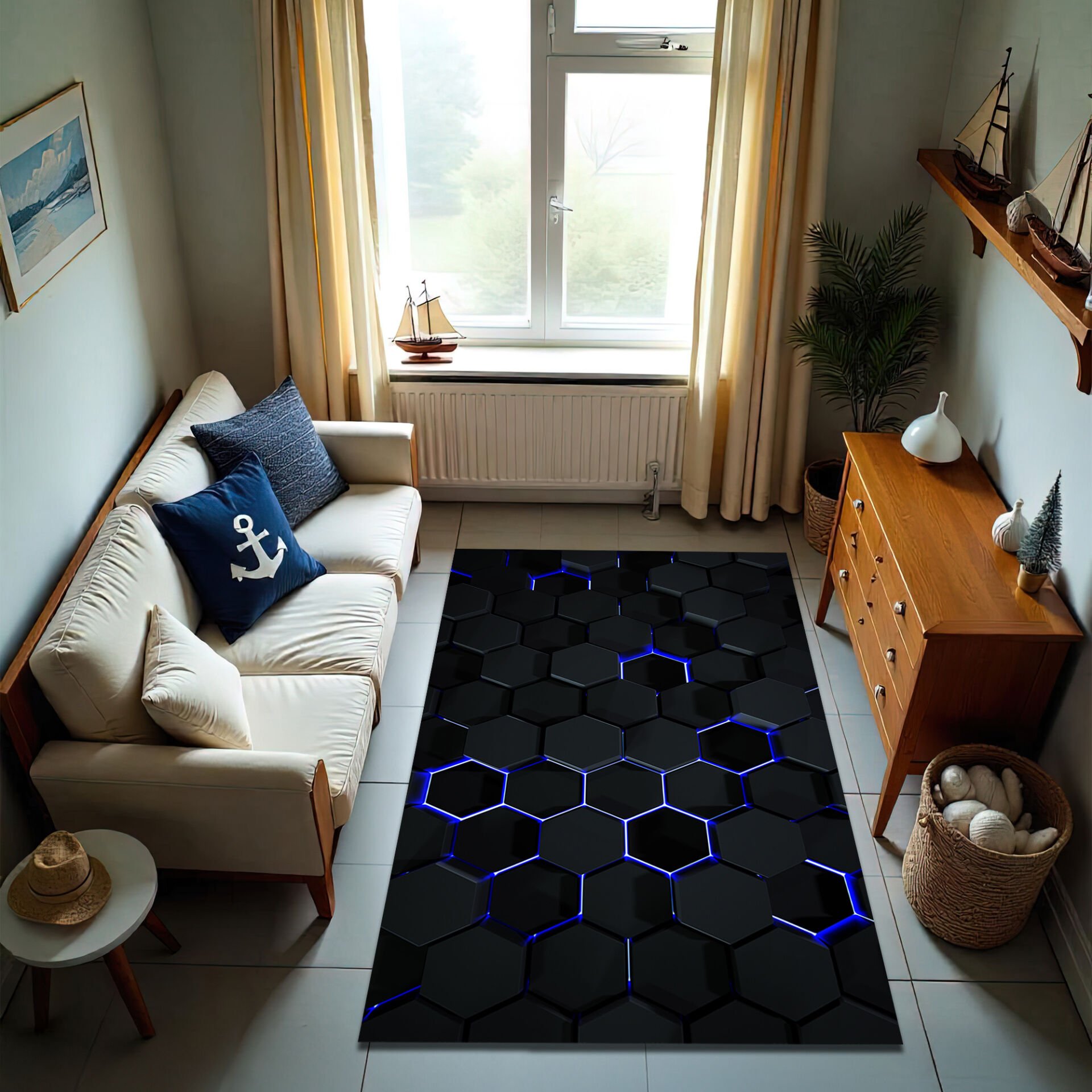 Futuristic Hexagon Tech Rug – Black with Blue LED Glow Effect