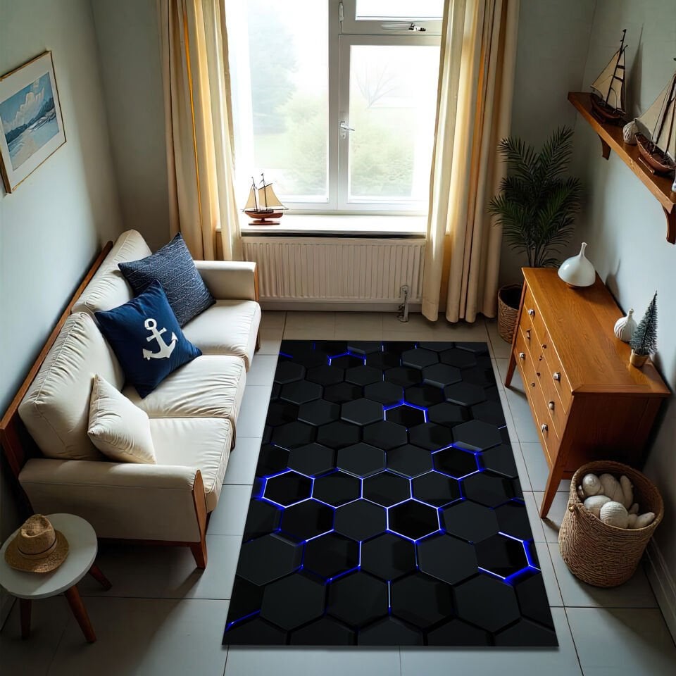 Futuristic Hexagon Tech Rug – Black with Blue LED Glow Effect