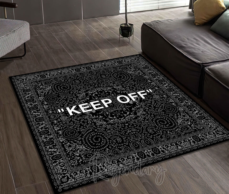 Black Square Rug with Grey Patterns and White Lettering – Modern Contrast Design