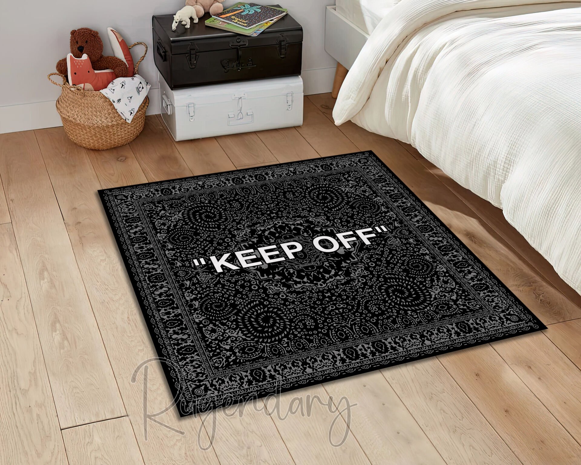 Black Square Rug with Grey Patterns and White Lettering – Modern Contrast Design