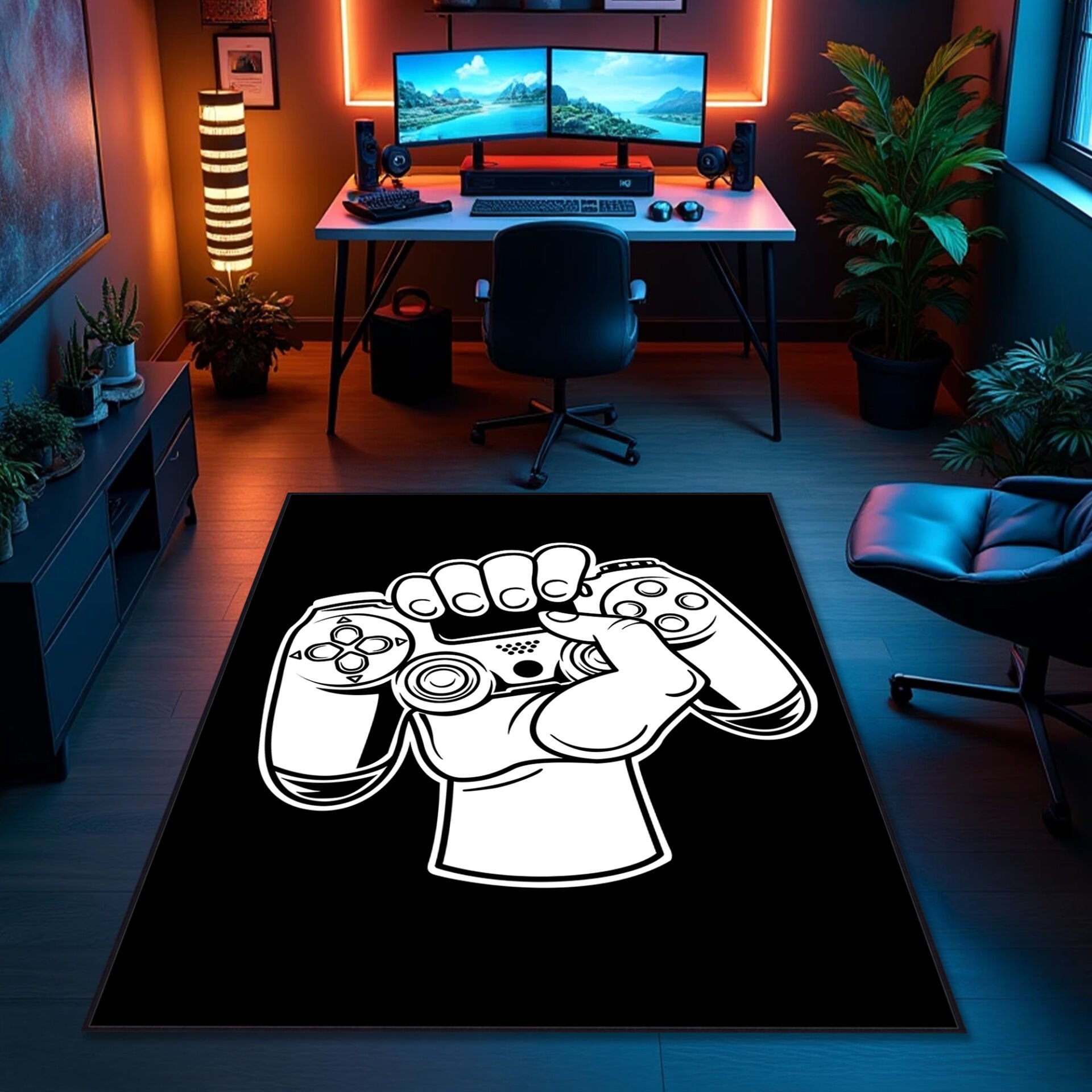 Bold Gamer Fist Holding Controller Rug – Black Background Game Room Carpet for Gaming Enthusiasts