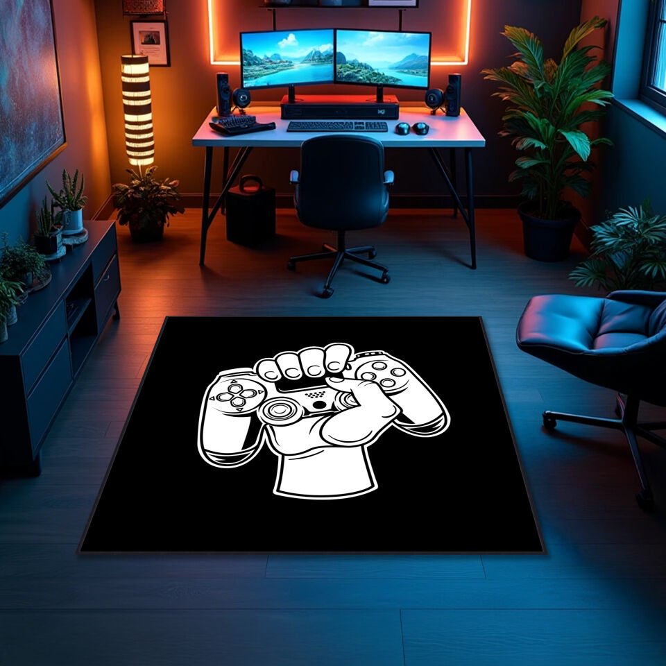 Bold Gamer Fist Holding Controller Rug – Black Background Game Room Carpet for Gaming Enthusiasts