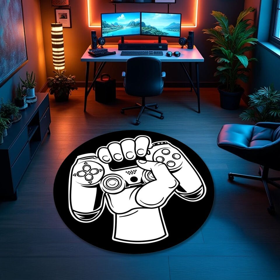 Bold Gamer Fist Holding Controller Rug – Black Background Game Room Carpet for Gaming Enthusiasts