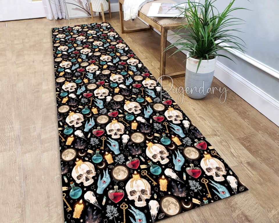 Mystic Gothic Skull Runner Rug – Dark Witchy Hallway Carpet