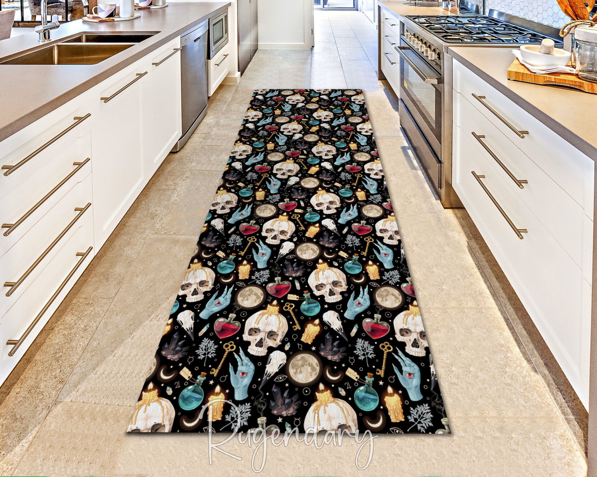 Mystic Gothic Skull Runner Rug – Dark Witchy Hallway Carpet