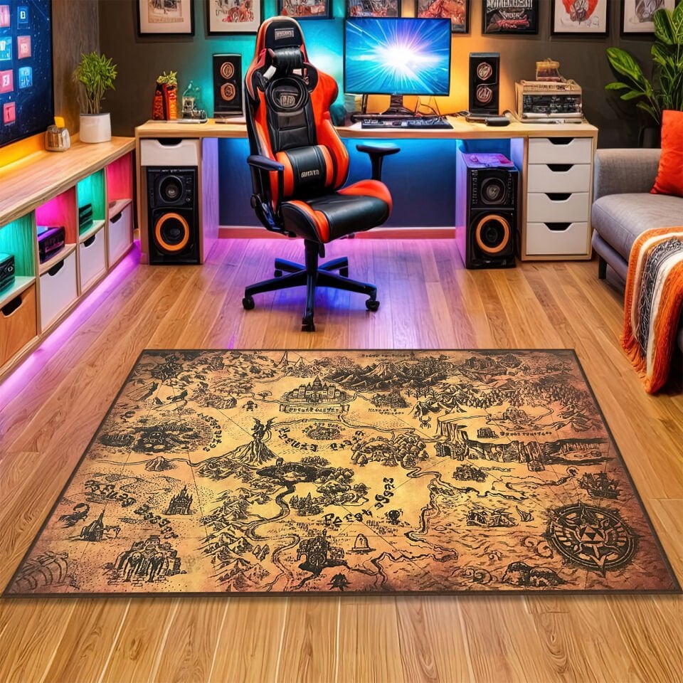 Vintage Fantasy Map Rug – Hyrule-Inspired Gaming Floor Mat