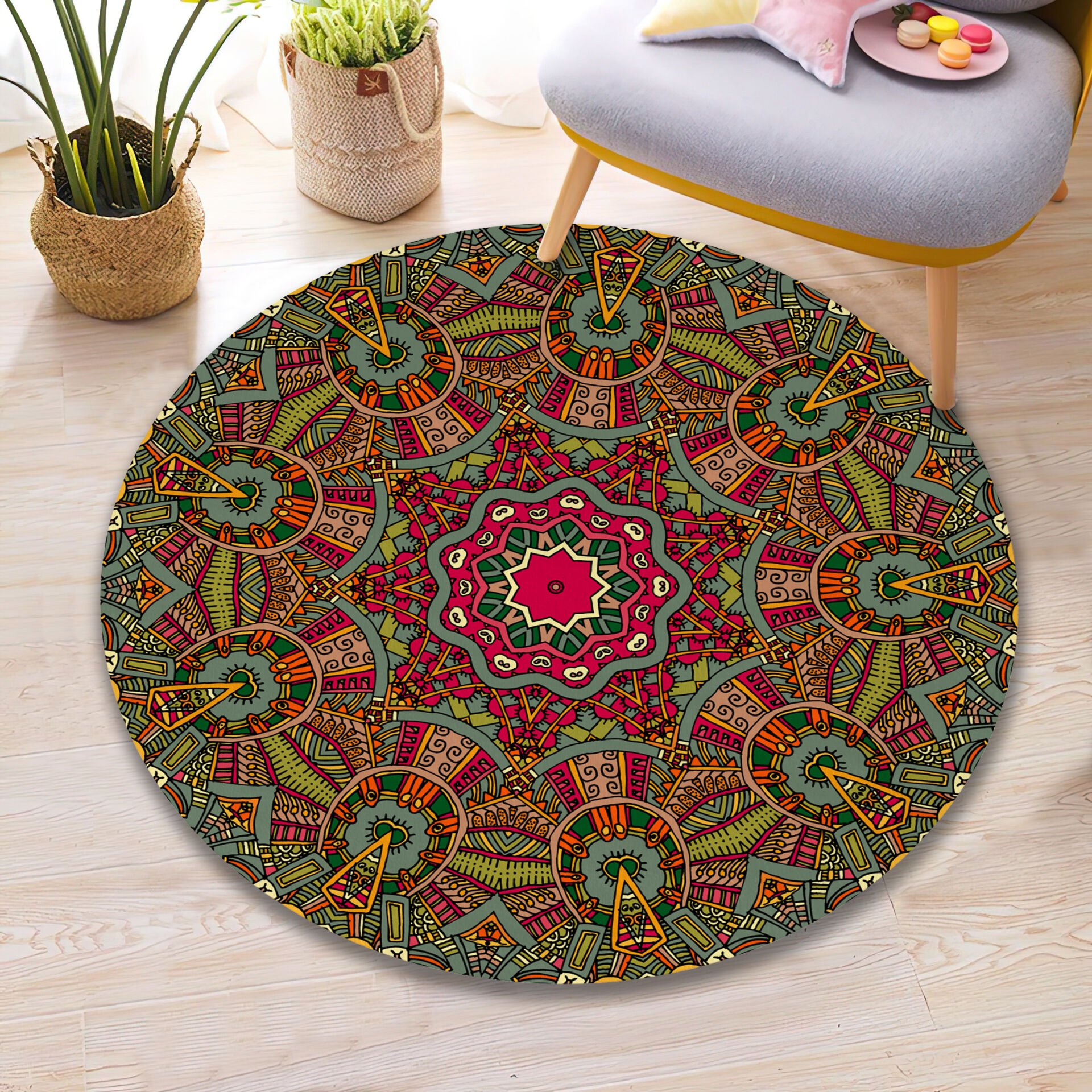 Boho Mandala Rug Earth Tone Round Carpet Ethnic Pattern Floor Mat for Living Room and Bedroom