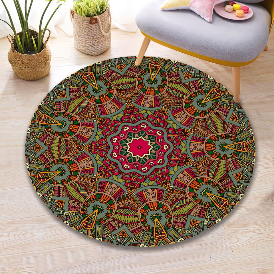 Boho Mandala Rug Earth Tone Round Carpet Ethnic Pattern Floor Mat for Living Room and Bedroom
