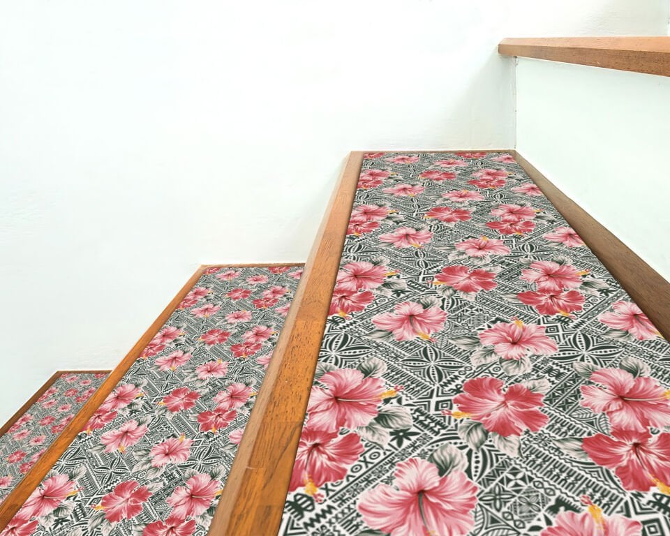 Hibiscus Floral Pattern Stair Treads – Tropical Inspired Decorative Stair Mats