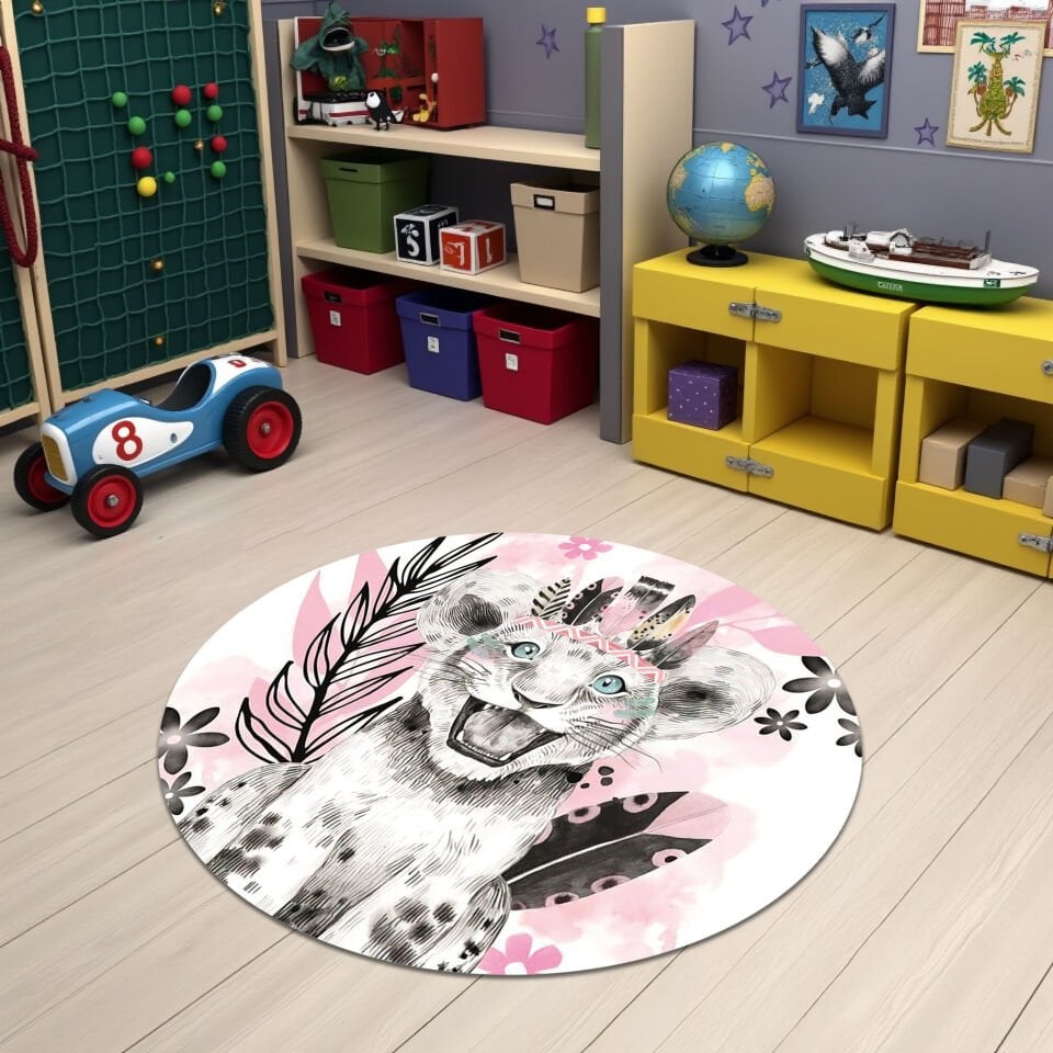 Happy Lion Cub Rug – Pink Jungle Theme Carpet for Kids & Nursery