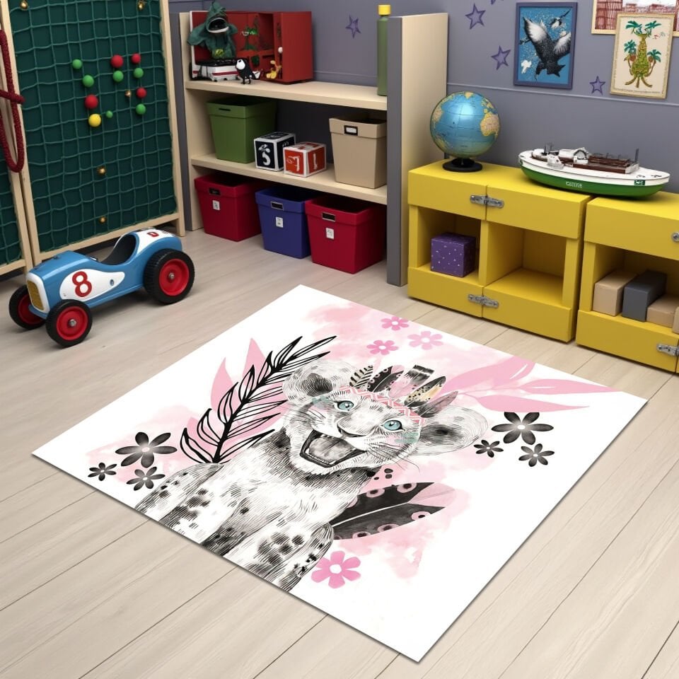 Happy Lion Cub Rug – Pink Jungle Theme Carpet for Kids & Nursery