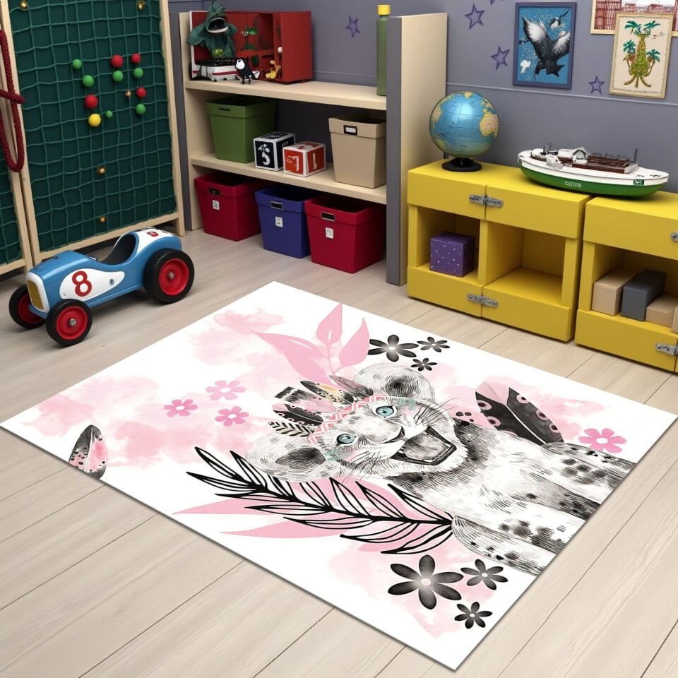 Happy Lion Cub Rug – Pink Jungle Theme Carpet for Kids & Nursery